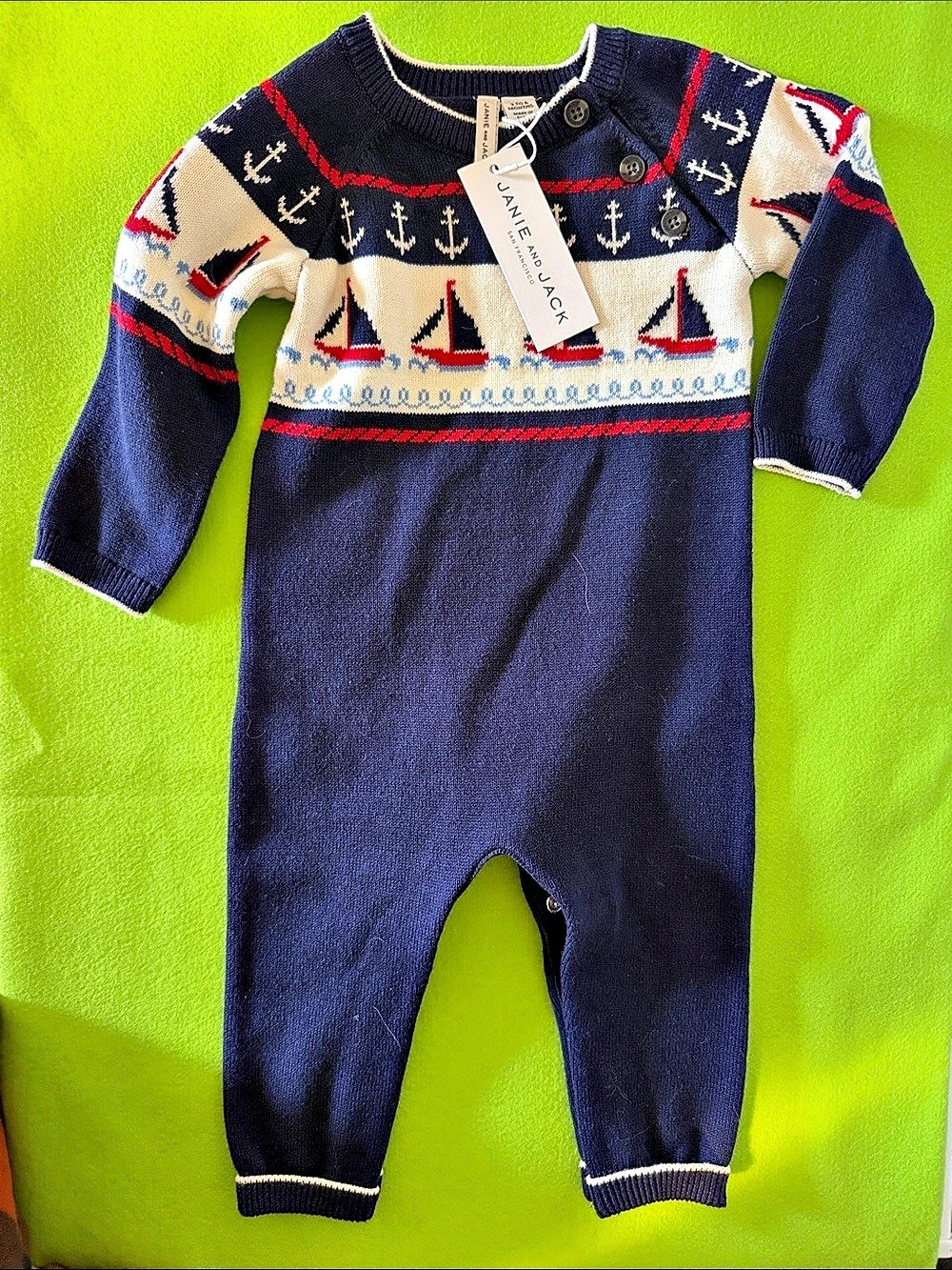 Janie & Jack Nautical Print Knit Navy Blue Footie NWT
